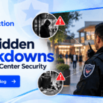 Plaza Protection security guard monitoring shopping center security risks and blind spots.