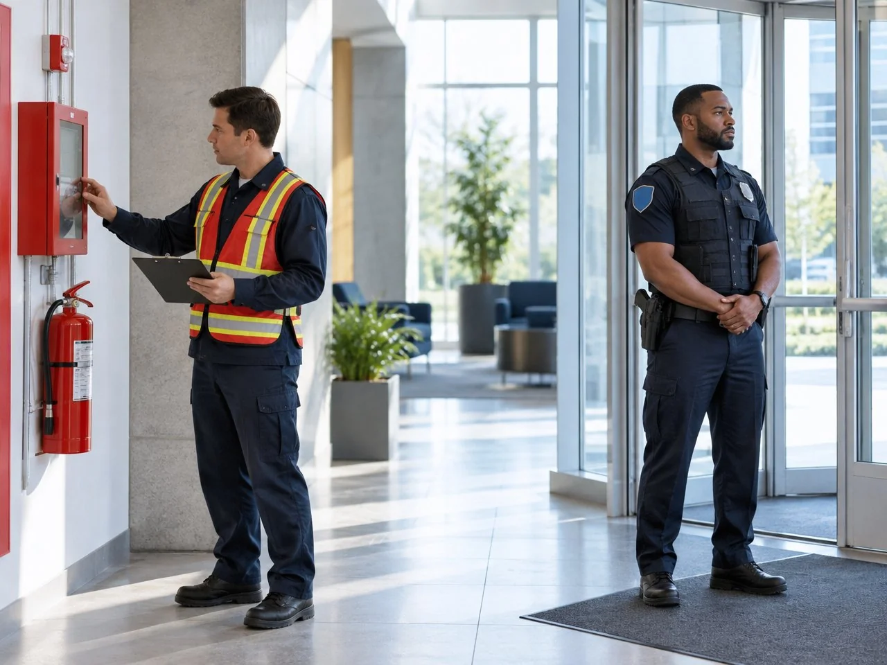Fire watch officer checking a fire alarm panel while a security guard stands at the building entrance