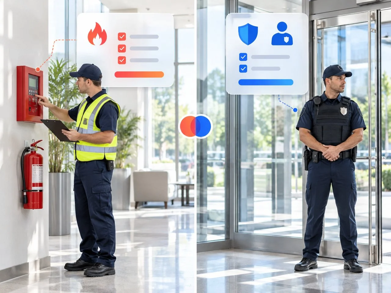 Fire watch officer at a fire alarm panel and a security guard at a lobby entrance, with comparison icons