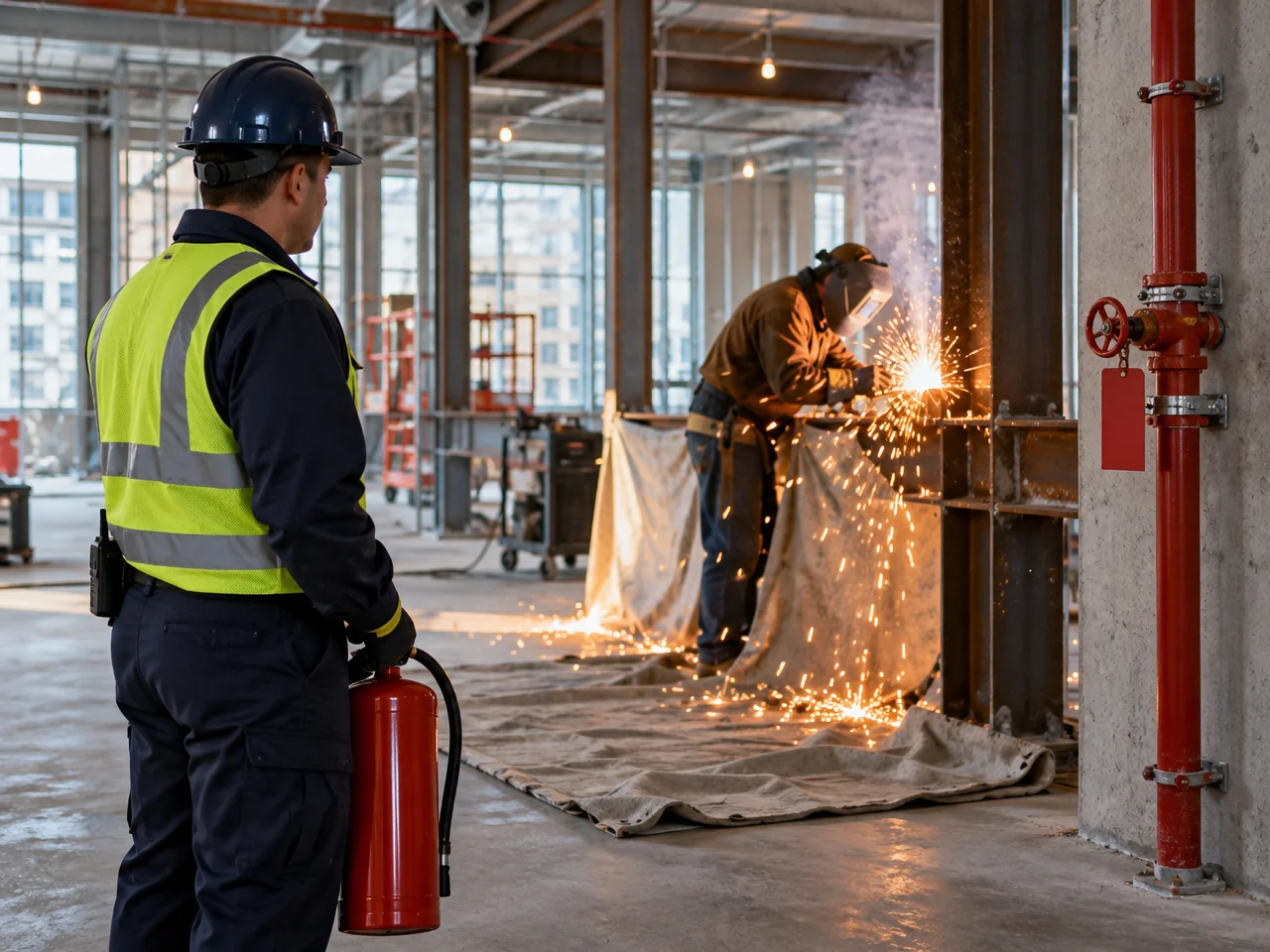 Dedicated fire watch officer holding a fire extinguisher while a welder works near a tagged sprinkler riser